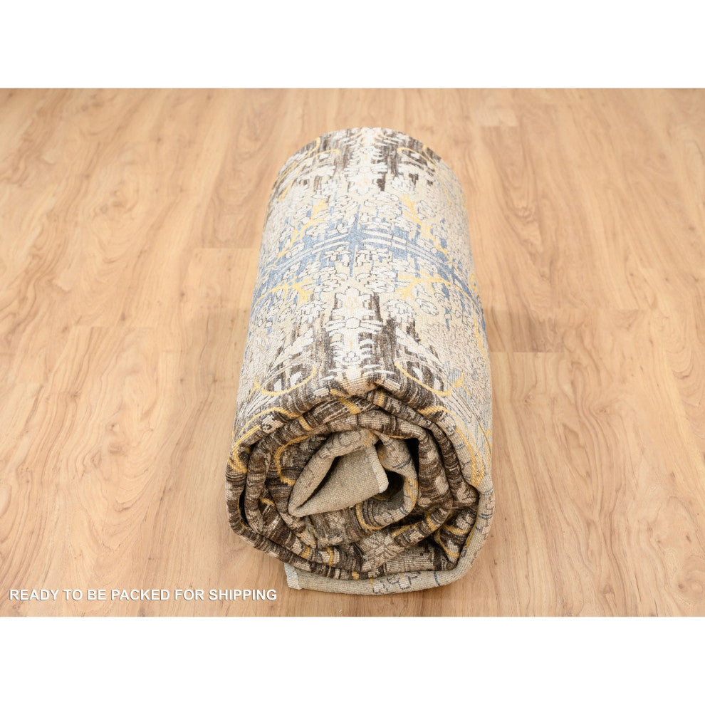 Honey Brown, Silk With Textured Wool, Hand Knotted, Oriental Rug, 9'2" x 12'0"
