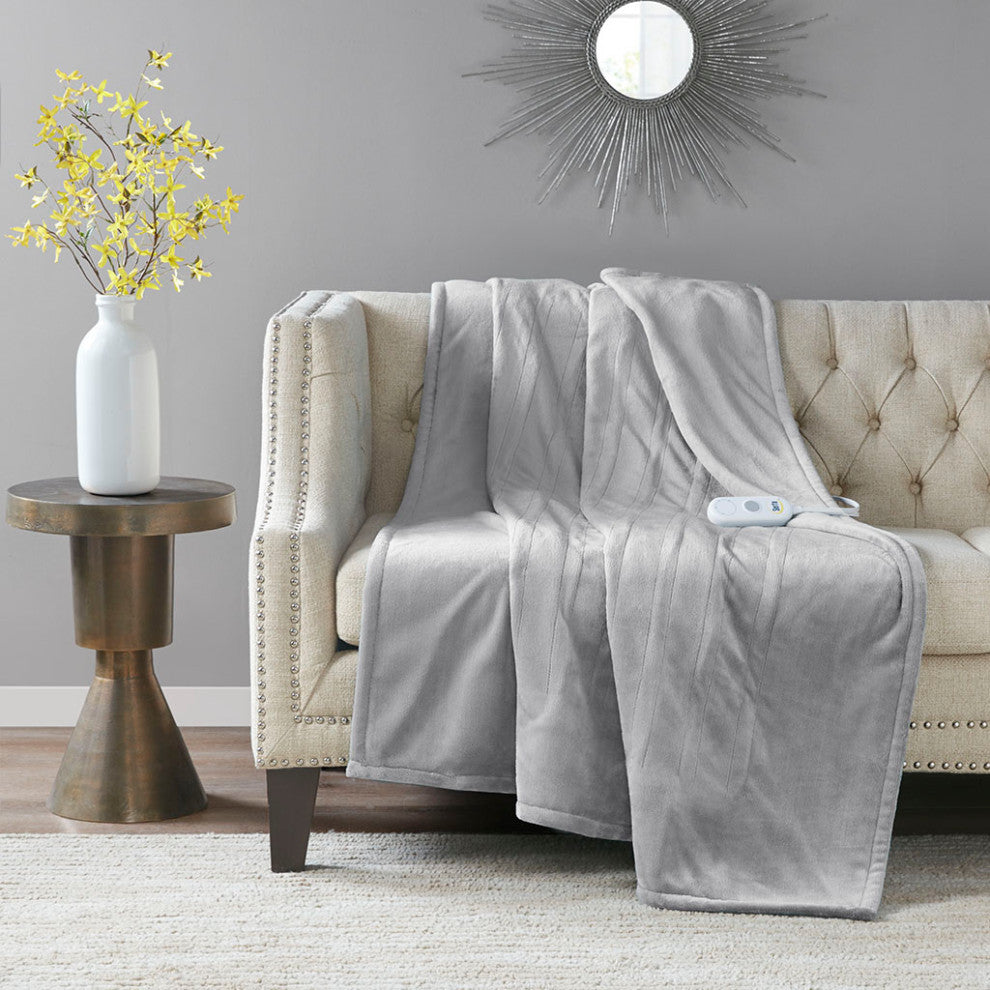 Serta Plush Heated Throw, Light Grey