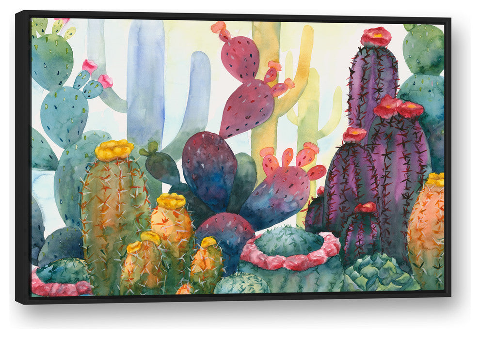 Colorful Blooming Cactus 32x48 Black Floating Framed Canvas