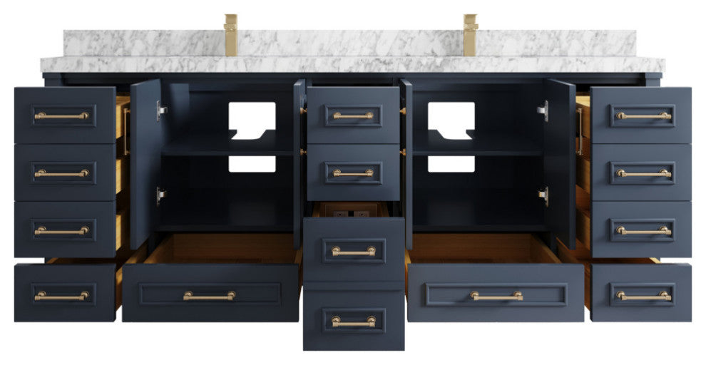 Aberdeen 84 Double Sink Bath Vanity in Hale Navy Blue  2" Carrara Marble