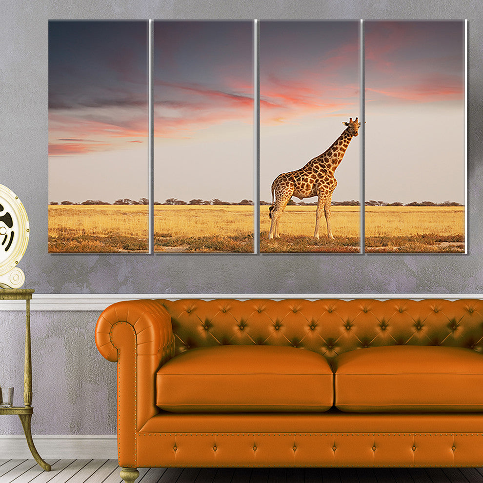 Single Giraffe in Savannah, African Canvas Art Print, 48"x28", 4 Panels