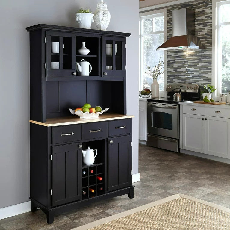 Contemporary Sideboard With Hutch, Multiple Storage & Natural Wood Top, Black
