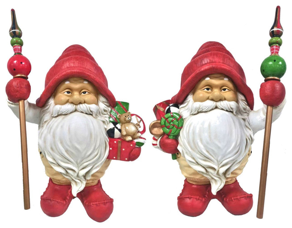 Set of 2 Santa Gnome Statue Holding Gifts