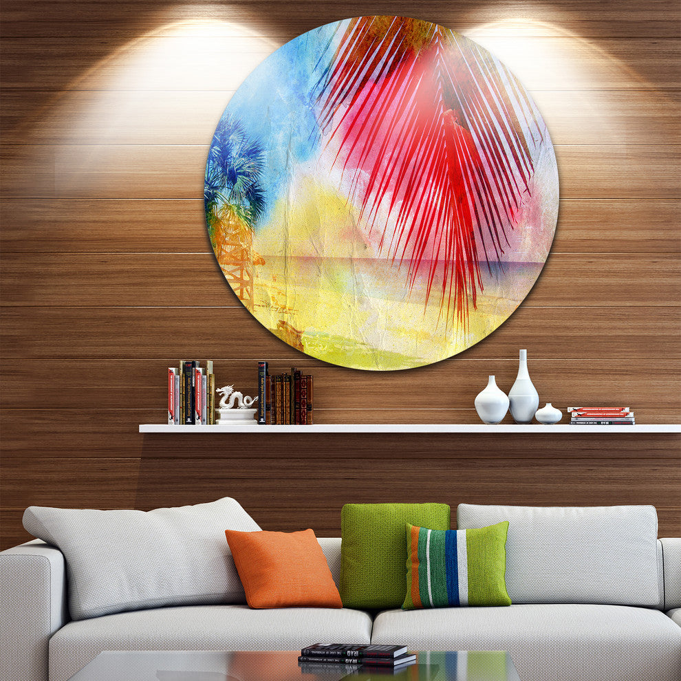 Retro Palm Leaf Watercolor, Trees Painting Round Wall Art, 11"
