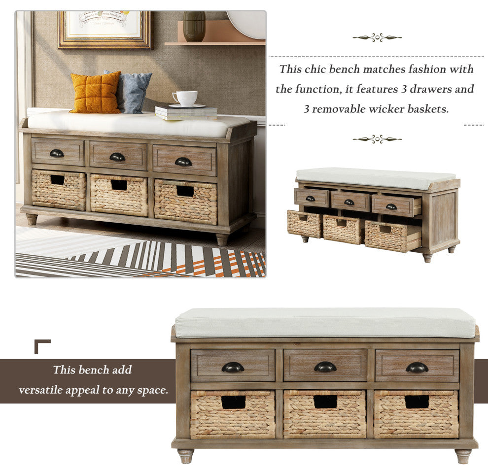 TATEUS 42" Rustic Storage Bench With 3 Drawers and 3 Rattan Baskets, White Washed