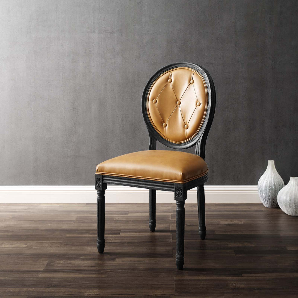 French Vintage Side Dining Chair, Faux Vegan Leather, Wood, Black Tan, Modern