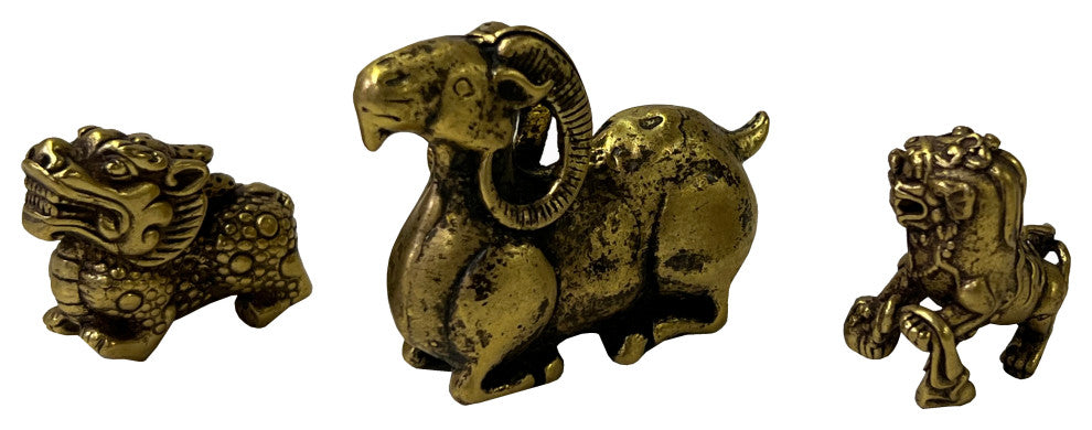 Set of 3, Chinese Copper Color Metal Ram Dragon Lion Fengshui Figures Hws2417