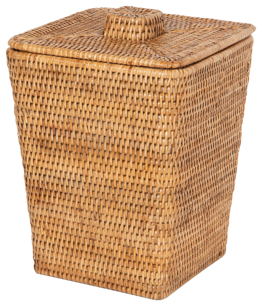 Rattan Square Waste Basket, Lid, Plastic Insert, Honey-Brown