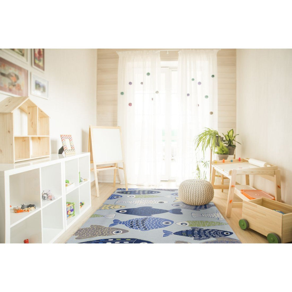 KAS Sonesta 2010 Lt Blue Sea Of Fish Area Rug, 7'6"x9'6"