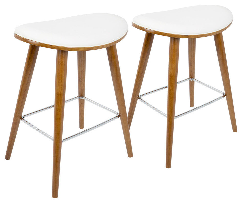 LumiSource Saddle Counter Stool, Walnut and White PU Leather, Set of 2