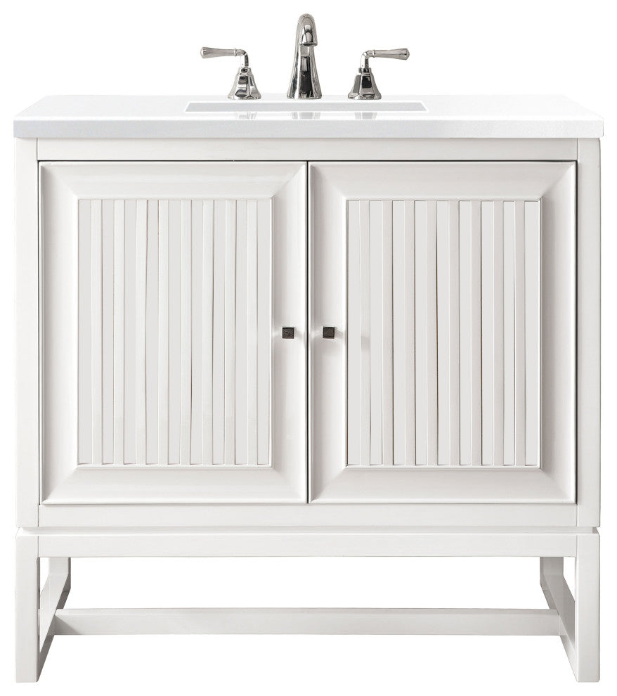 James Martin E645-V30-GW-3WZ Single Vanity Cabinet Glossy White w/ Quartz Top