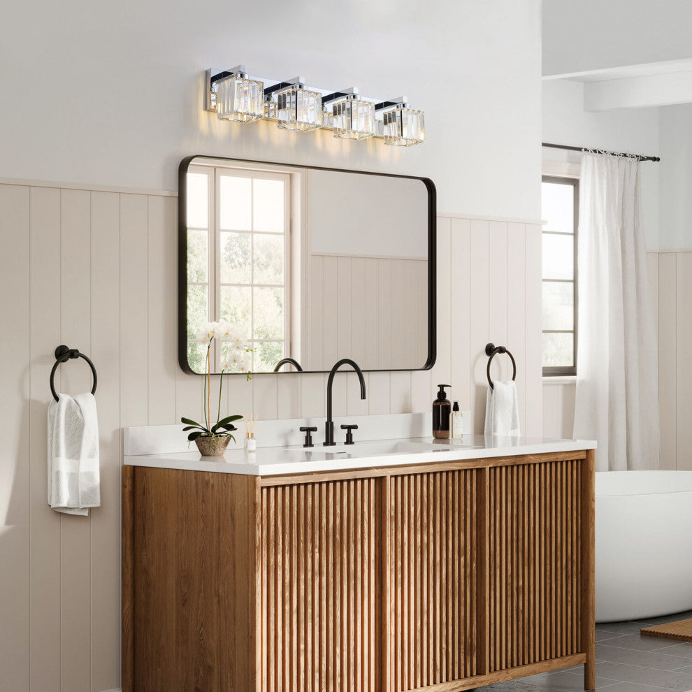 Polished Chrome 4-Light Textured Crystal Bathroom Vanity Light