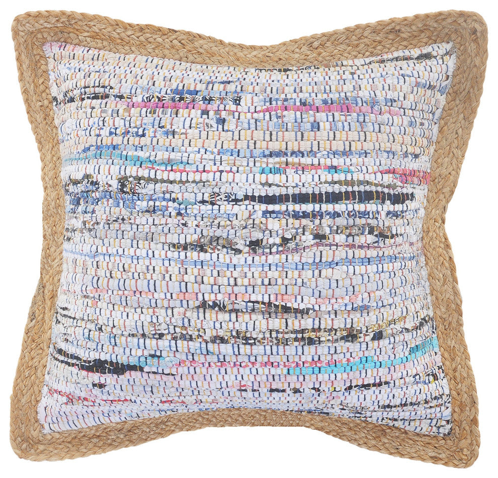 White Multicolored Chindi Jute Bordered Throw Pillow