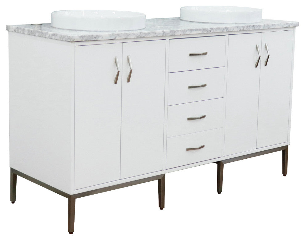 61" Double Sink Vanity, White Finish With White Carrara Marble And Round Sink