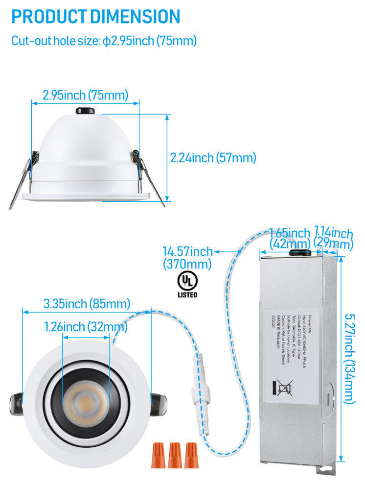 4 Pack LED 5CCT 3" Gimbal Recessed Light, Anti-Glare, Dimmable, ETL