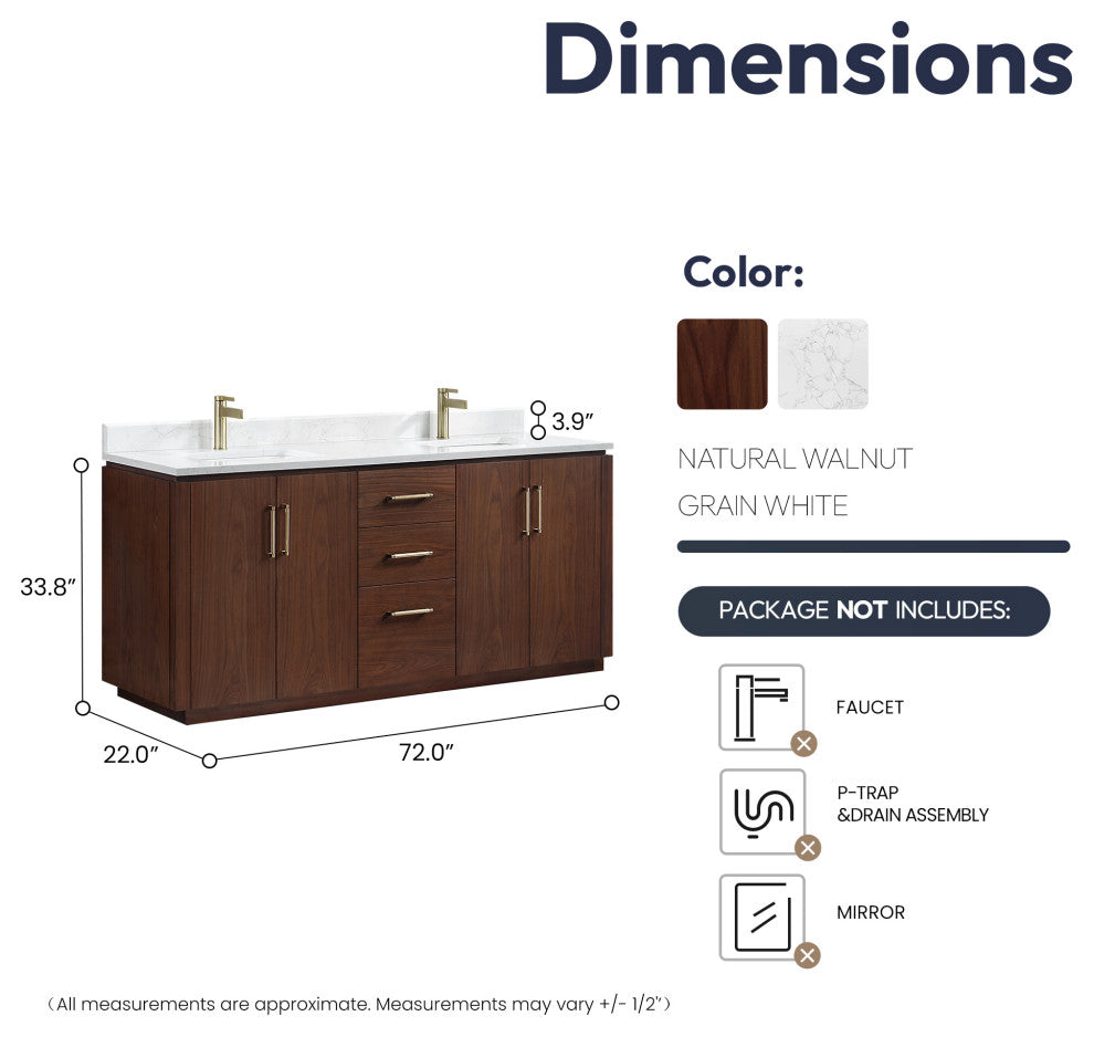 San Bath Vanity with Stone Top, Natural Walnut, 72", Double Vanity, No Mirror
