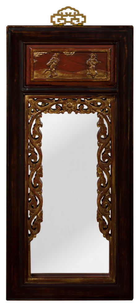 Antique Dark Brown Gilded Elmwood Panel Oriental Mirror