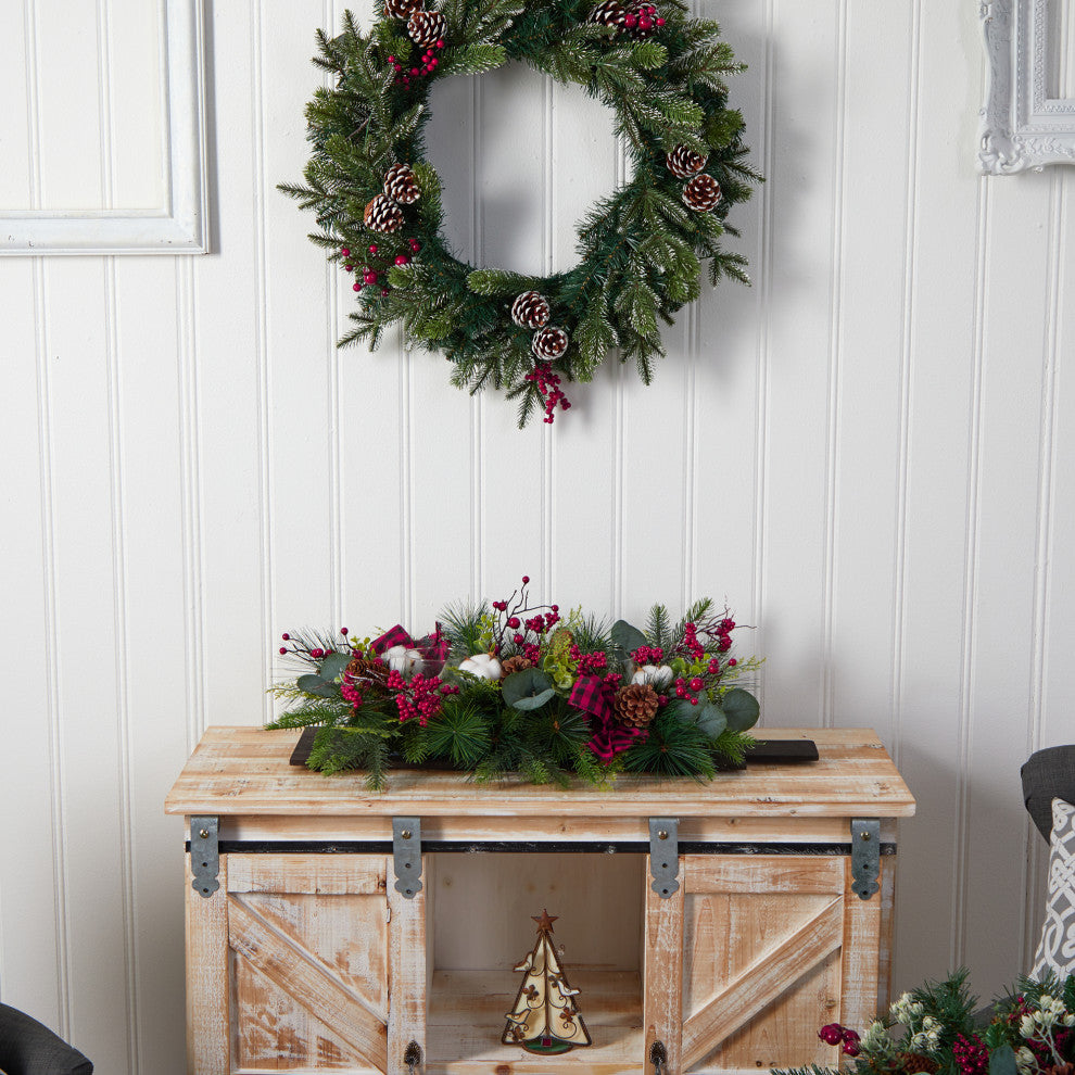 24" Holiday Berries, Pinecones & Eucalyptus Xmas Faux Arrangement Wall Decor