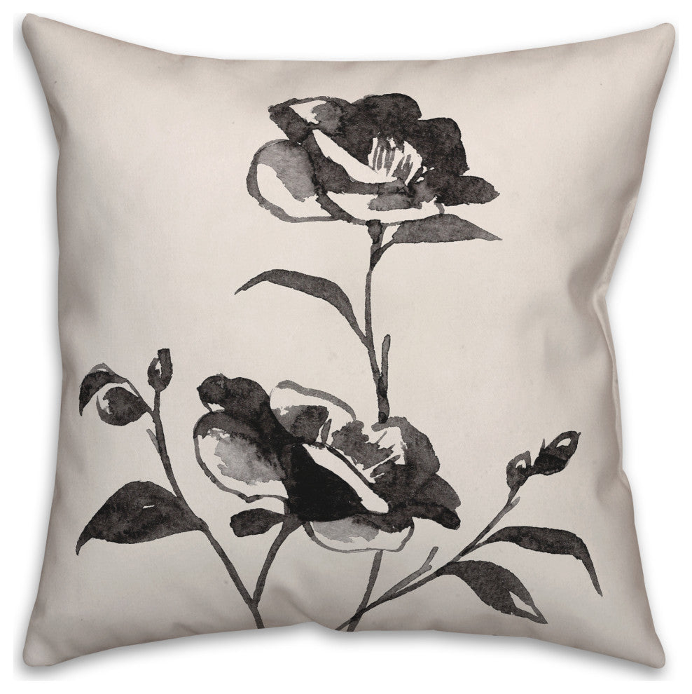 Inky Budded Rose II 18"x18" Spun Poly Pillow