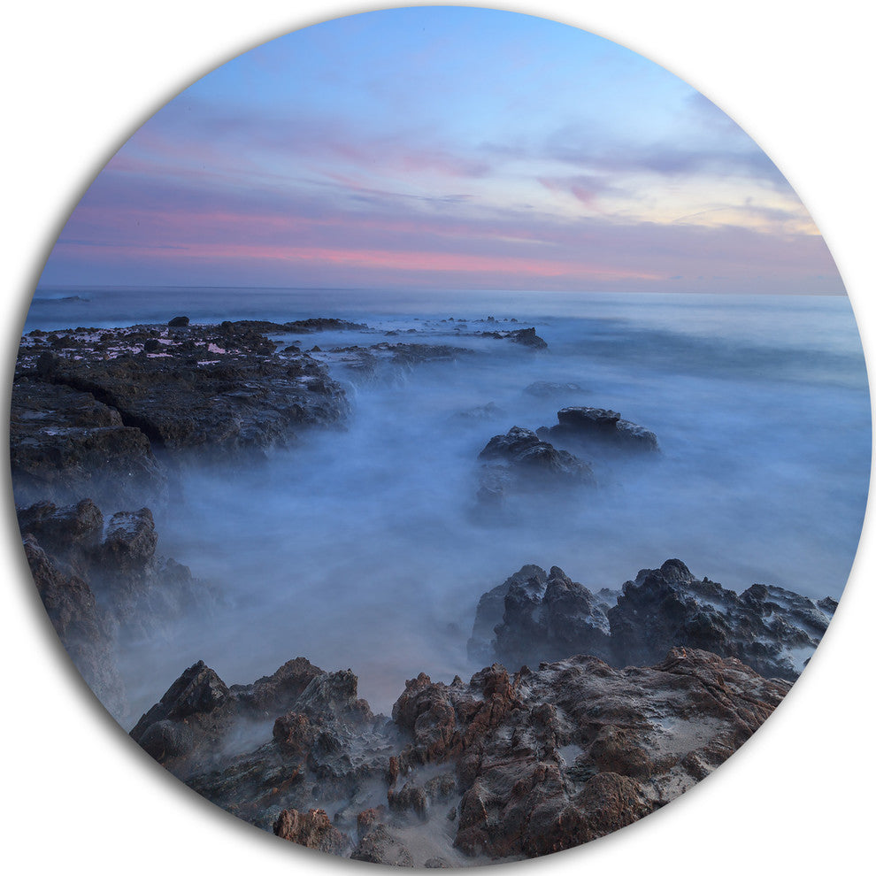 Long Exposure At Sunset Over Rocks, Beach Disc Metal Wall Art, 23"
