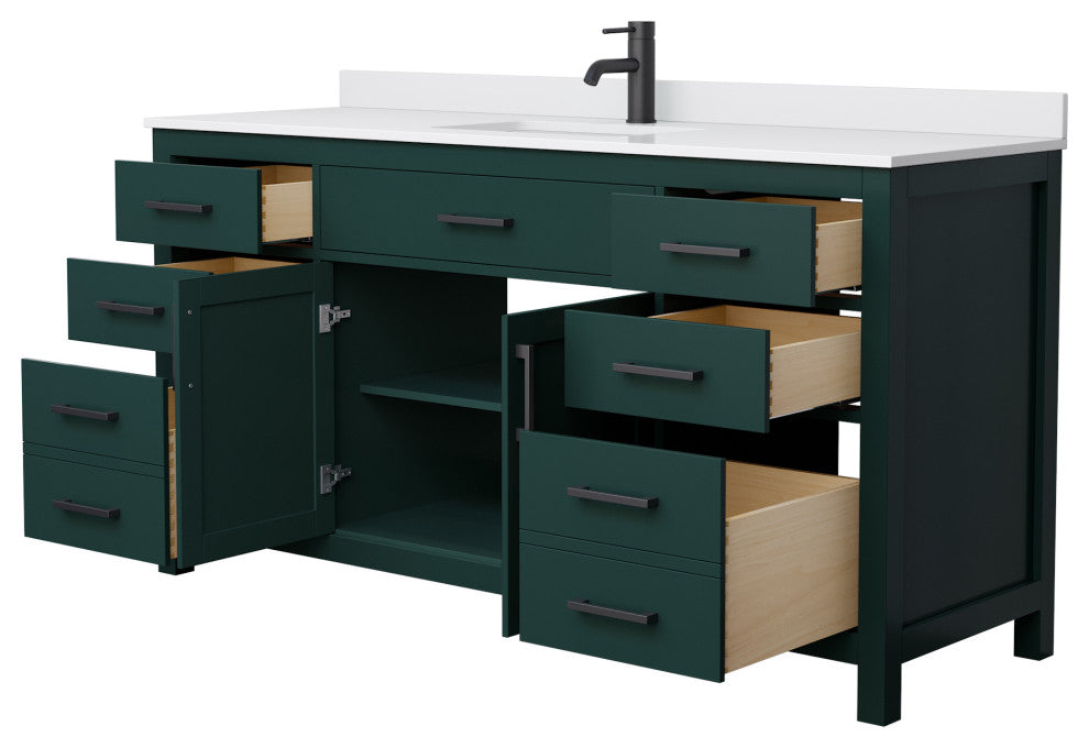 66"SGL Bathroom Vanity, Green, White Cult. Marble Countertop, Sink, Black Trim