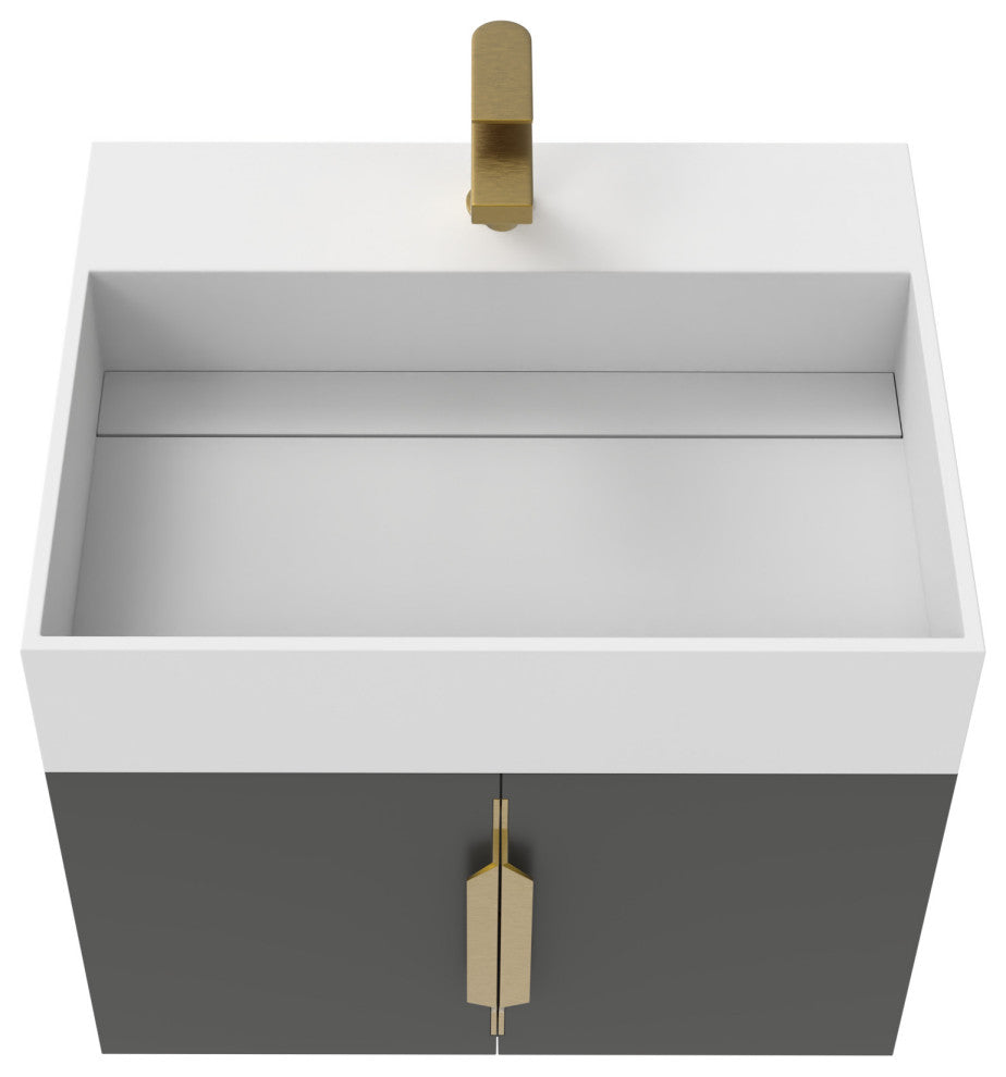 CastelloUSA Amazon 24" Wall Mounted Bathroom Vanity Set, Black, White Top, Gold