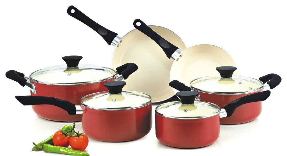Cook N Home Nonstick Ceramic Coating 10-Piece Cookware Set, Red