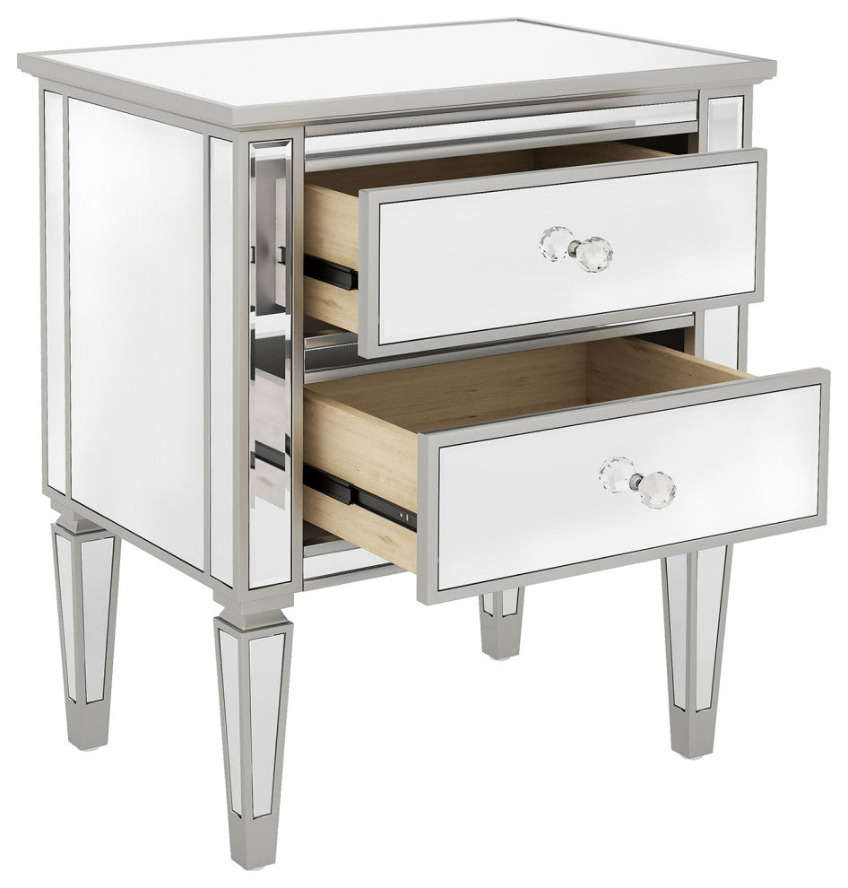 2-Drawer Mirrored Nightstand in Silver