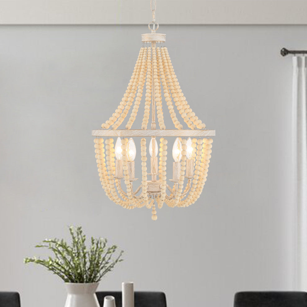5 - Light Candle Style Empire Chandelier with Beaded Accents, White+gold