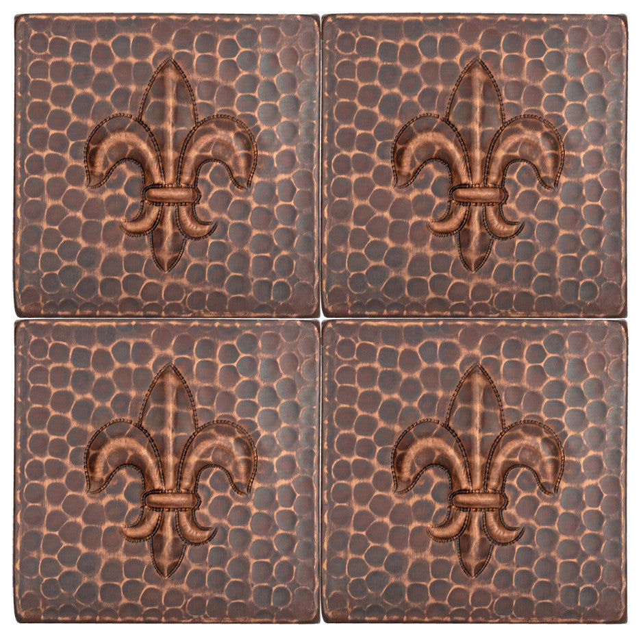 Hammered Copper Fleur De Lis Tile, 4"x4", Set of 4