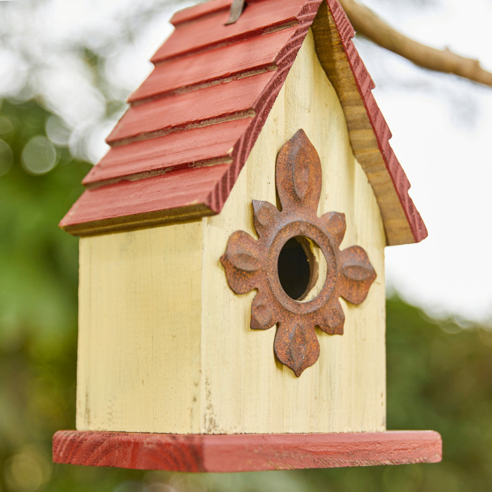 8.94"H Rustic Garden Distressed Wooden Birdhouse, Gambrel Roof