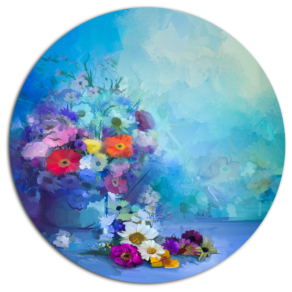 Little Flowers On Blue Background, Floral Disc Metal Artwork, 36"