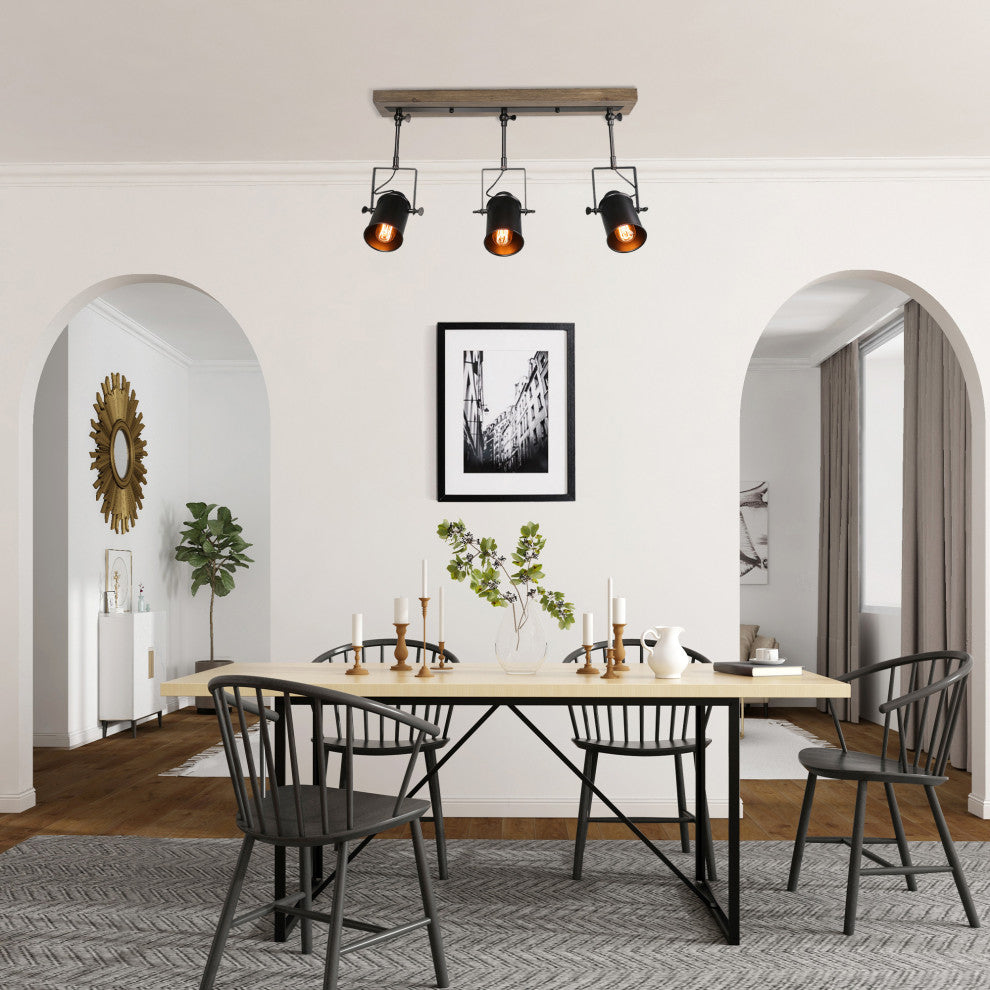 Industrial 3-Light Wood Close to Ceiling Track Lighting Spotlights, Black
