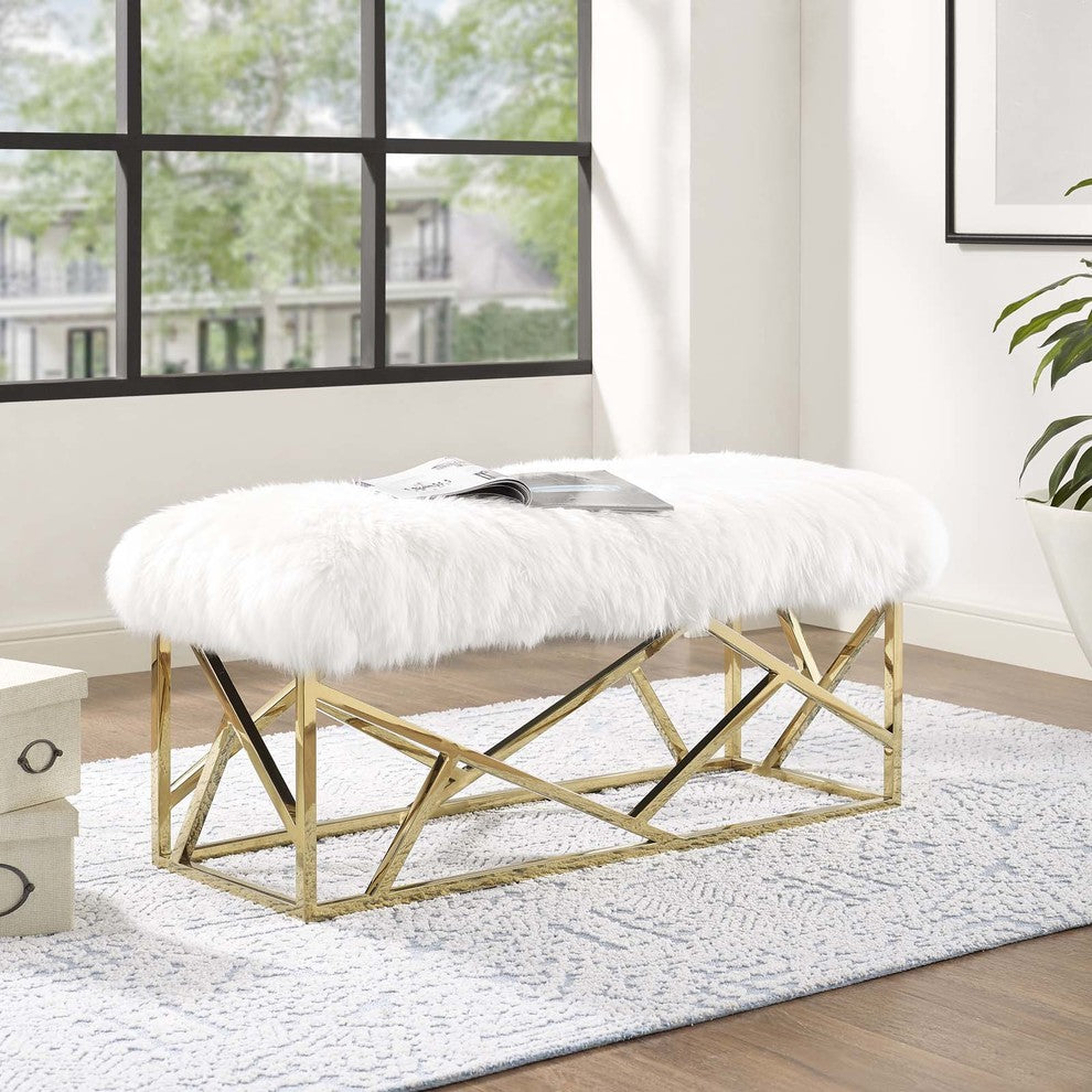 Modway Intersperse Sheepskin Bench, Gold White