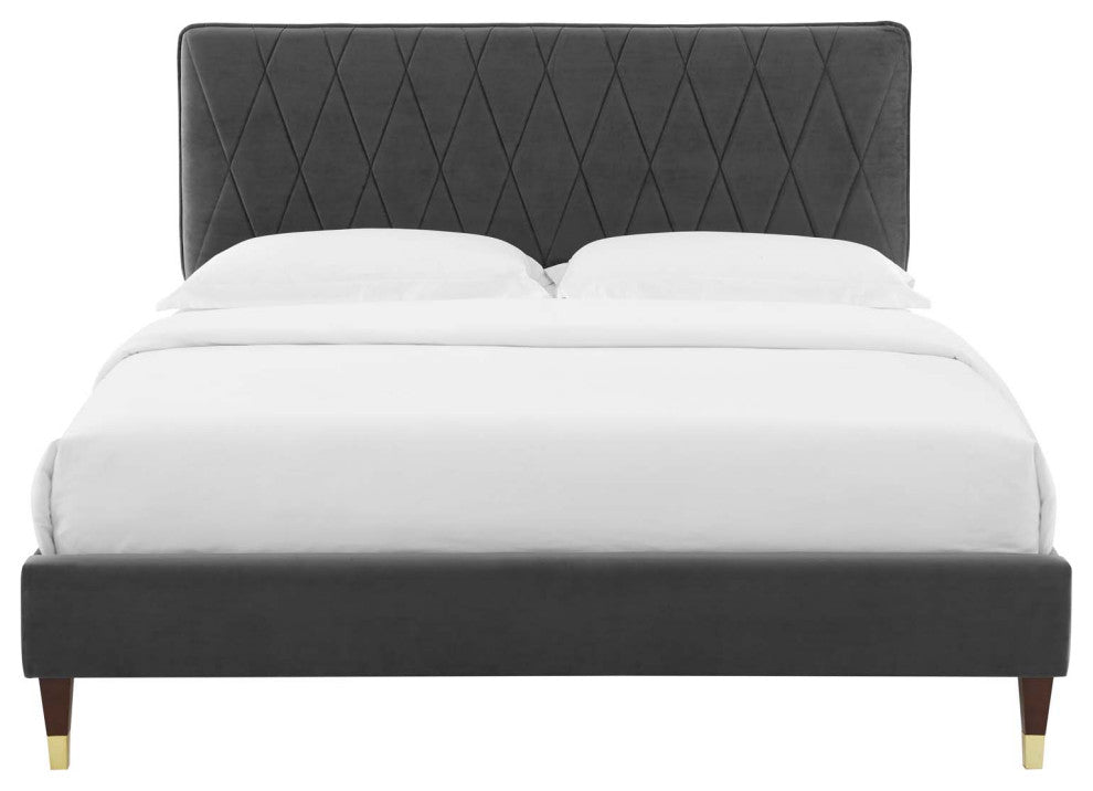 Platform Bed Frame, King Size, Velvet, Dark Gray, Modern Contemporary