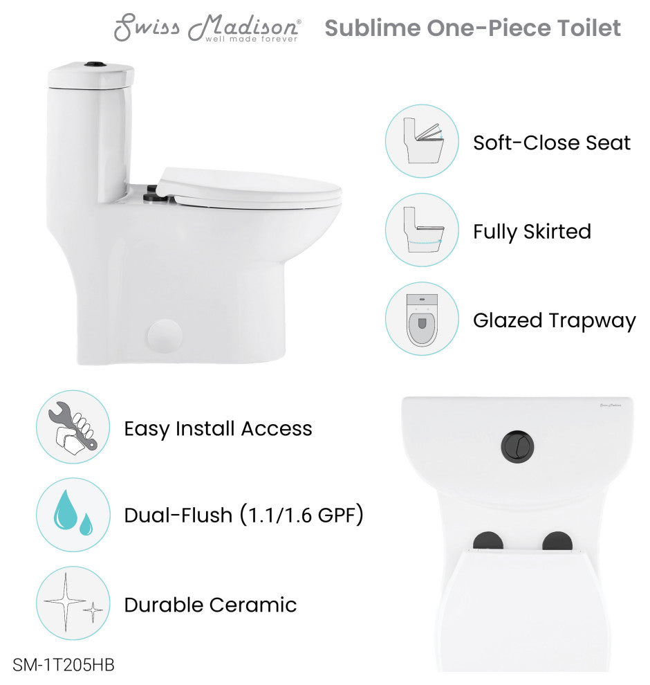 Sublime 1-Piece Elongated Toilet Dual Flush, Black Hardware 1.1/1.6 gpf