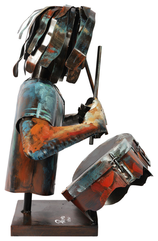 "Homme" Iron Hand-Painted Colorful Art Sculpture, Multi Color, The Drummer