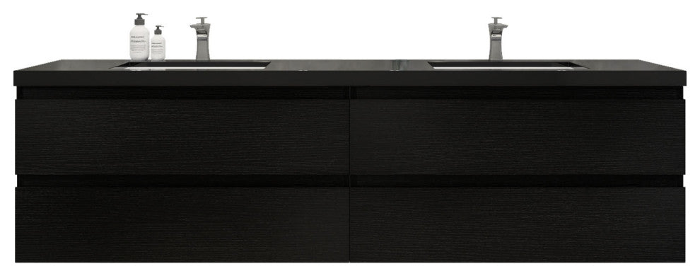 Belli 84" Double Sink Wall Mount Vanity Set, Rich Black Oak, Black Top