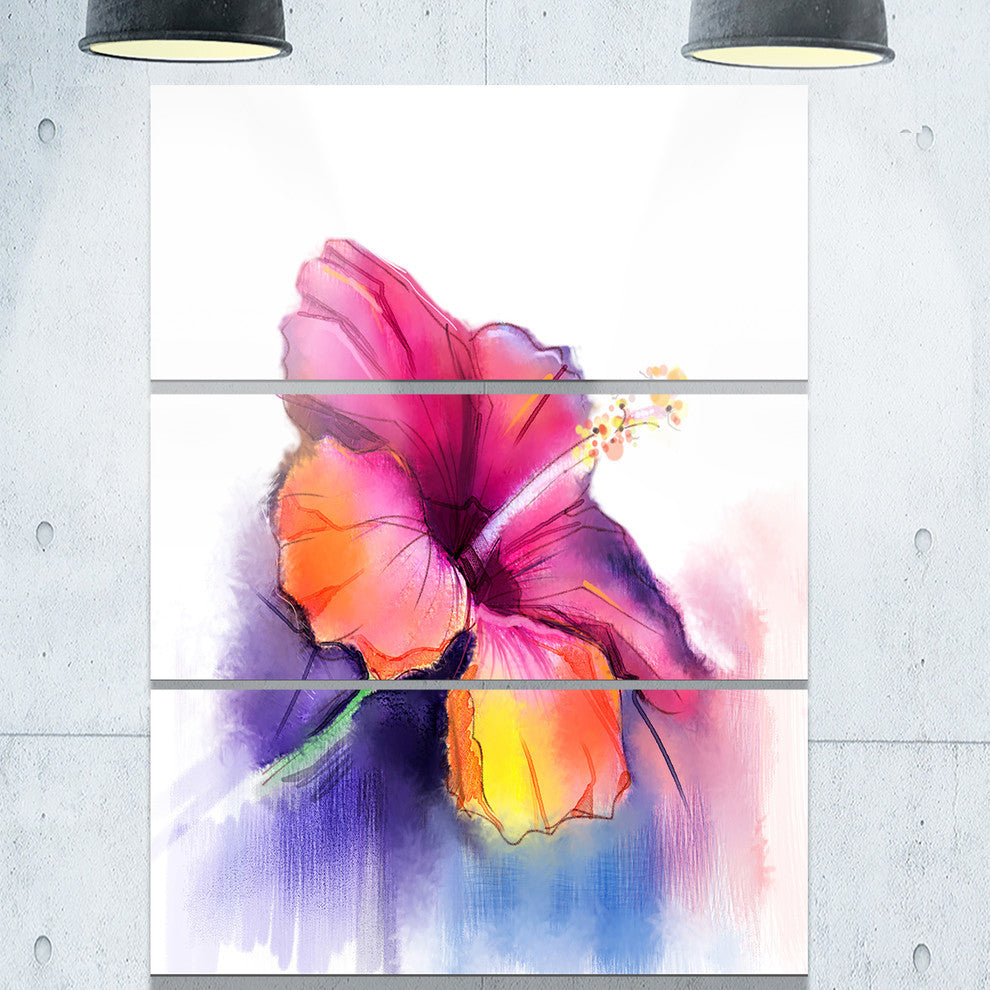 "Red Yellow Hibiscus Flower in Blue" Metal Wall Art, 3 Panels, 28"x36"