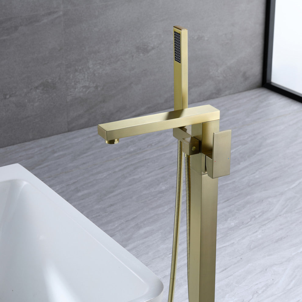 Freestanding Bathtub Faucet, Floor Mounted Tub Faucets With Hand Shower, Brushed Gold