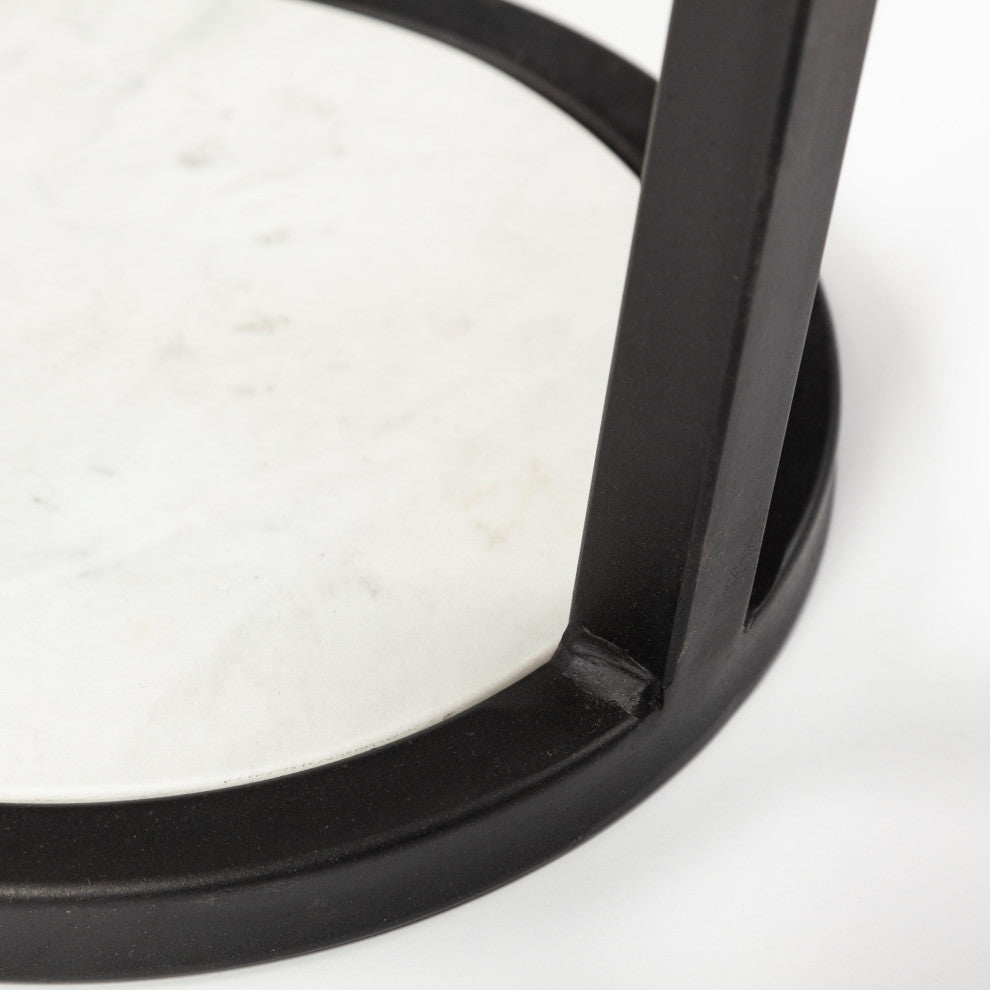 Bombola White Marble w/Black Metal Frame Round Accent Table, Small