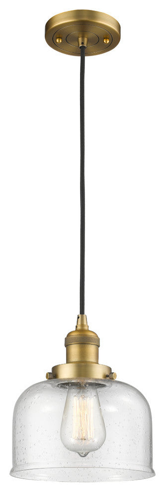 1-Light Large Bell 8" Pendant, Brushed Brass, Glass: Seedy