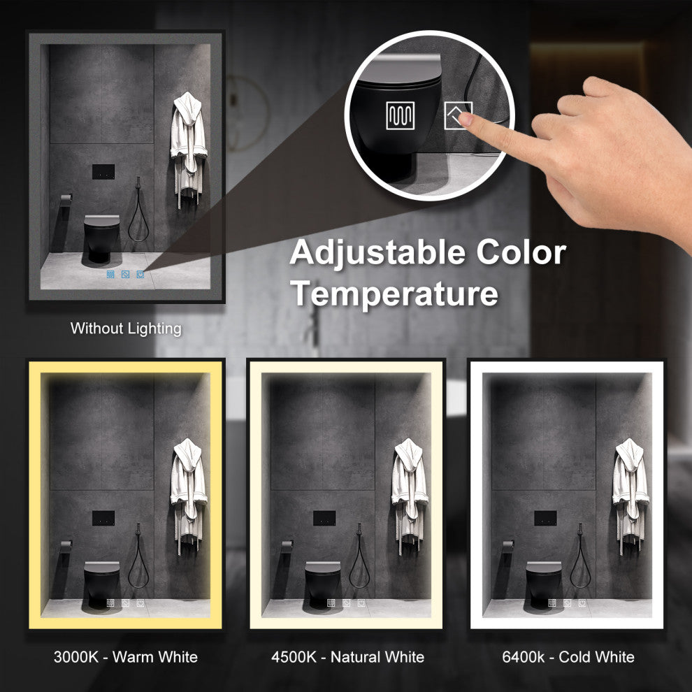 Kiva-Rhyme Black Framed LED Vanity Wall Mounted Mirror, 24x32", 3 Buttons, 48"x36