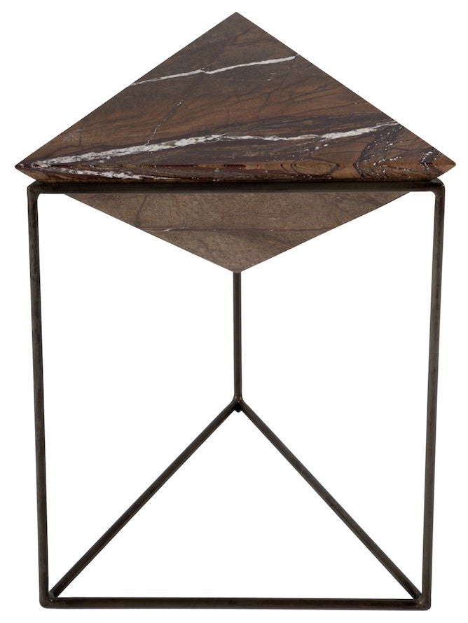 Addis 16.5 in. W Triangular Marble and Iron Pyramid Side Table, Brown