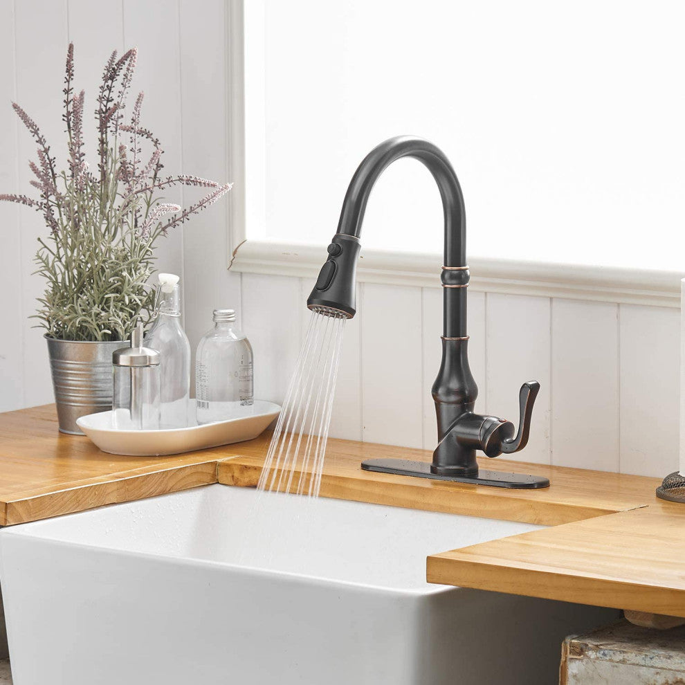 Wellfor Single Level Stainless Steel Kitchen Faucet With Pull Down Spray, Oil Rubbed Bronze