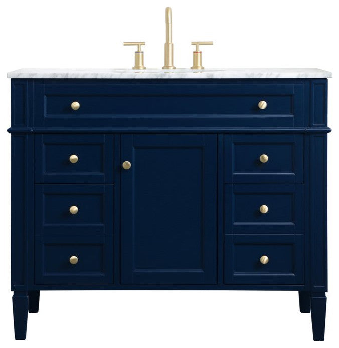 Home Living Vanity with Carrara White Marble Countertop, Blue, 42", Single Sink