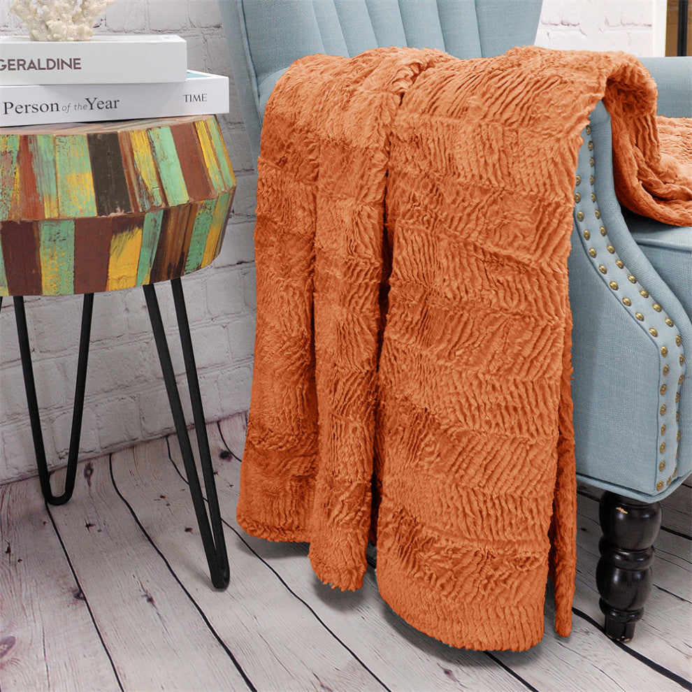 Herringbone Jumbo Over-Size Faux Fur Throw Blanket, Burnt Orange, 60"x80"