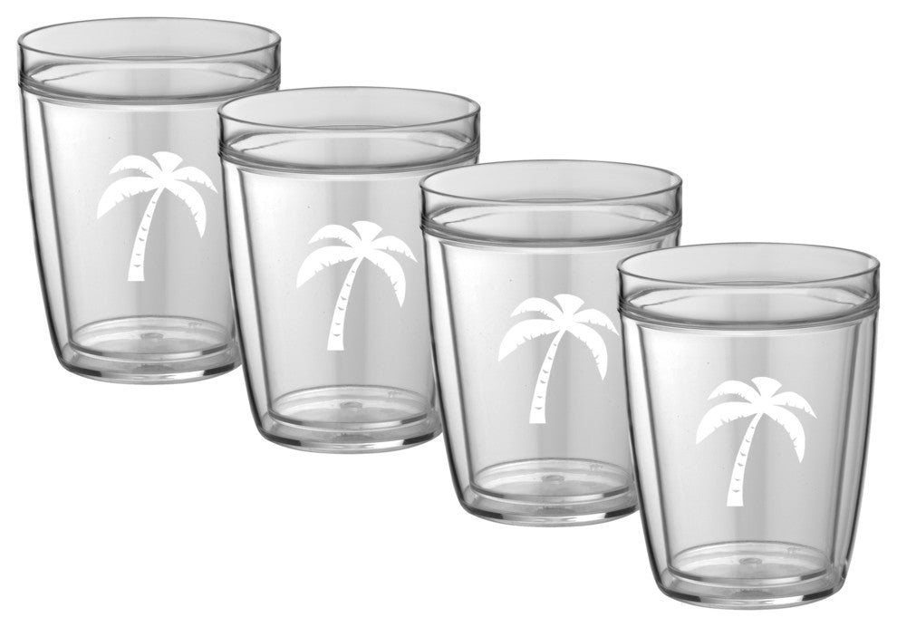 Kraftware Double Wall Short Glasses, Palm Tree, 14 oz, Set of 4