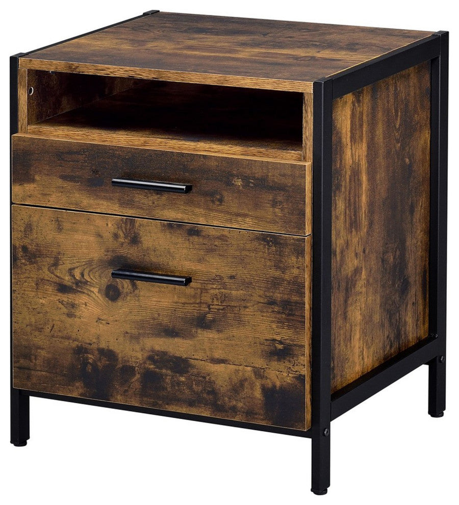 Benzara BM279151 Nat 23" Rustic Wood Nightstand, 2 Drawers, Brown and Black