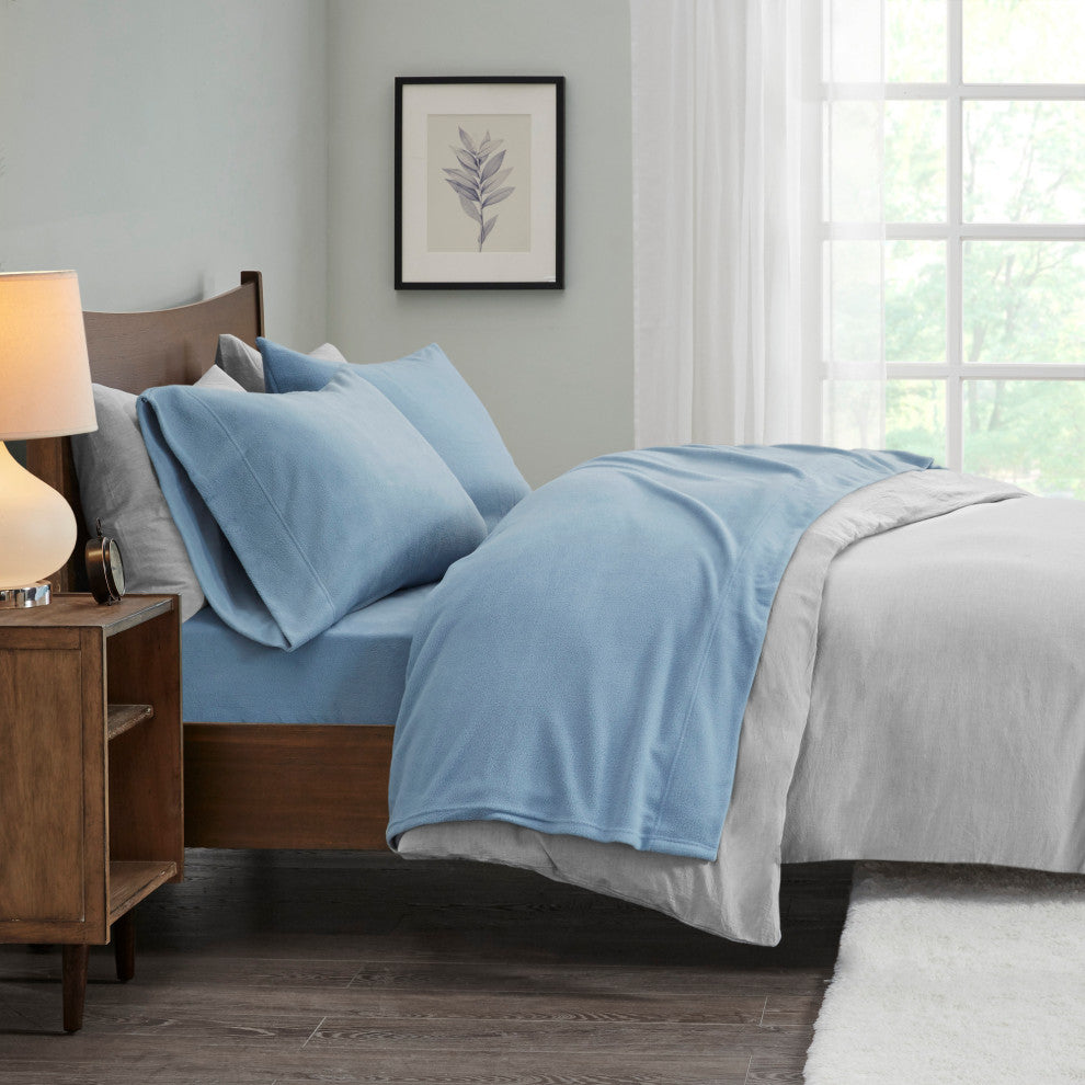 True North by Sleep Philosophy Knitted Micro Fleece Solid Sheet Set, Blue, King